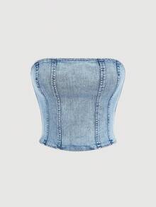 SHEIN MOD 女士时尚百搭牛仔抹胸上衣，适合约会和派对穿着 - 淺色水洗藍 - 查看 1