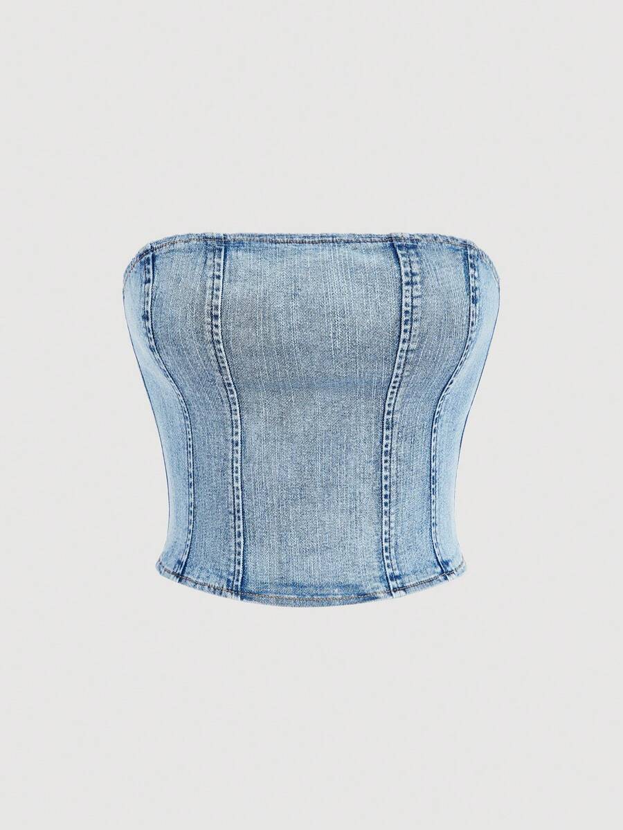 SHEIN MOD 女士时尚百搭牛仔抹胸上衣，适合约会和派对穿着 - 淺色水洗藍 - 查看 1