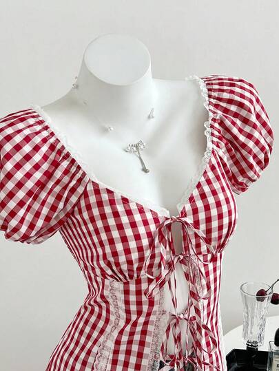 Elamini 夏季复古甜美性感蕾丝拼接格子系带泡泡袖修身短袖衬衫