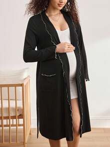 BloomMama Comfortable Ribbed Pink Long Sleeve Long Belted Robe Maternity Loungewear, Fall & Winter - Black - View 4