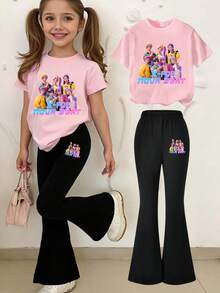 1 Set Young Girls Casual Cartoon "K-POP NOVA BEAT" Girl Pattern Pink Round Neck T-Shirt And Flare Pants Outfit, Suitable For Girls Casual Outings And Matching Attire - Multicolor - View 1