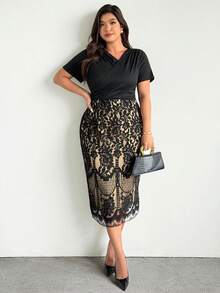 Firerie Plus Size Black Summer Curve Elegant Cocktail Midi Dress For Women,Ruched Lace Patchwork Short Sleeve Two Piece Skirt Set,Office Commute Wedding Dress - Black - View 8