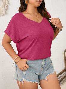 SHEIN Frenchy Plus Size Women's V-Neck T-Shirt With Sunflower Lace Patchwork Back, Going Out Tops Summer Casual Tops Tshirts For Women Summer Crochet Back Top Eyelet Top For Women Summer Short Sleeve Tops Cute Summer Tops Summer Casual Tops - Hot Pink - View 5