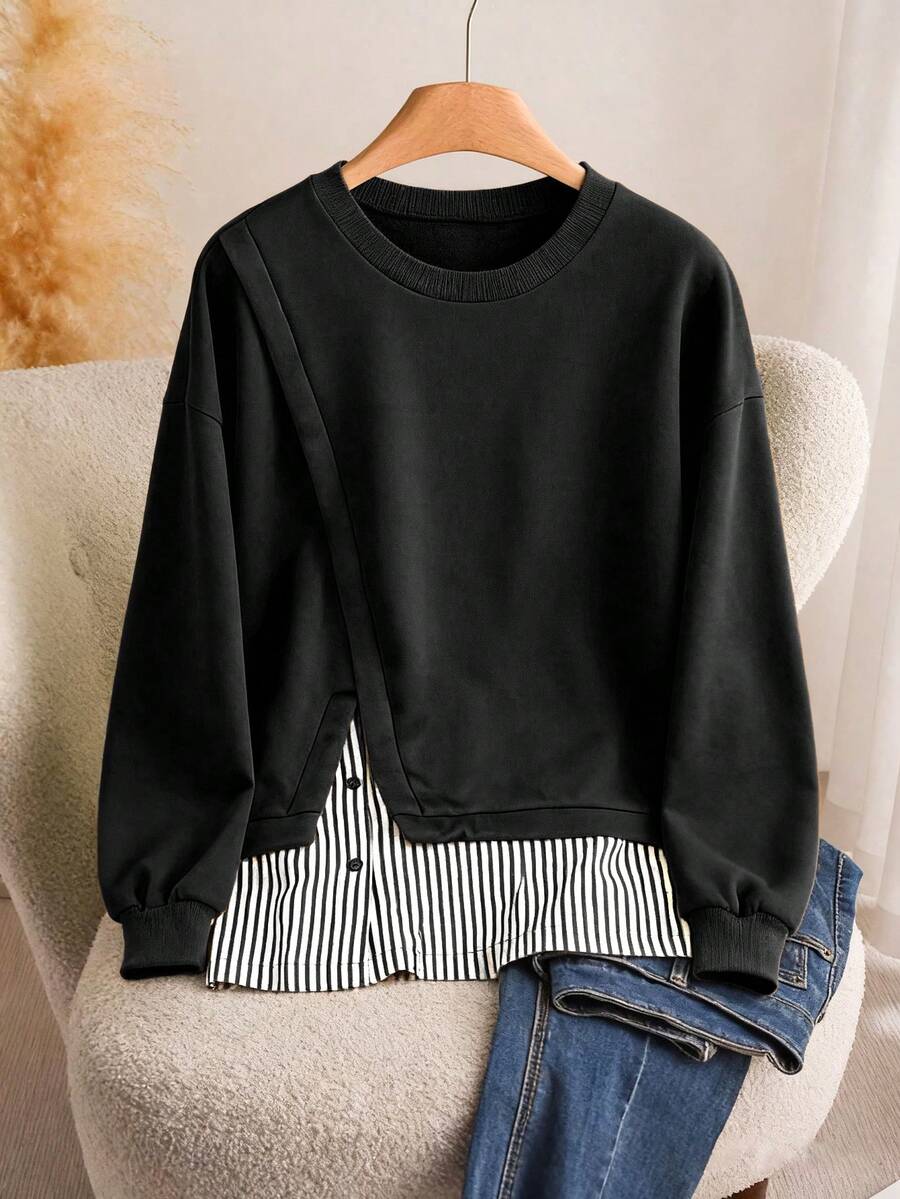 Franclia Sudadera holgada de talla grande con parches a rayas, para primavera/otoño - Negro - Ver 1