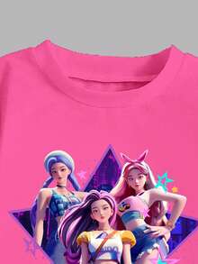 2pcs/Set Girls Casual Fashion T-Shirt And Flare Pants Outfit, Featuring Cool Cartoon Character Prints, Suitable For Spring, Autumn And Winter Seasons, Great For School, Casual Outings, Parties, Outdoor Activities, And Gifts - Multicolor - View 4