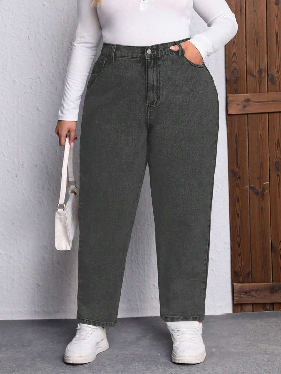 EMERY ROSE Quần jeans ống đứng dáng rộng thoải mái có túi dành cho nữ cỡ lớn. - Xám - Xem 1
