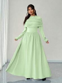 Elenzga Đầm dài tay trễ vai cổ đứng dáng chữ A thanh lịch lãng mạn dành cho nữ cỡ lớn, thích hợp mùa thu/đông. - màu xanh lá - Xem 5