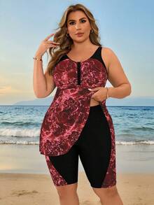 Swim Lushoire 2026年新款加大码女式扎染印花吊带泳衣套装，沙滩度假加大码吊带泳衣套装，女式加大码服装，度假加大码泳装，加大码束腰上衣，加大码度假连衣裙 - 酒紅色 - 查看 4