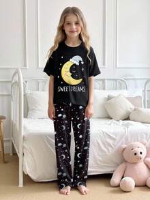 Genkimix Kids 女童简约玫红色睫毛印花长袖上衣和裤子两件套睡衣套装