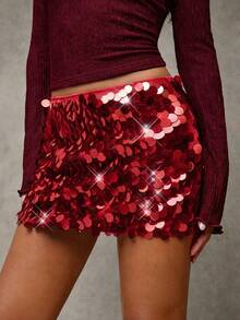 SHEIN BAE 女士纯色亮片修身优雅半身裙 - 紅色 - 查看 5