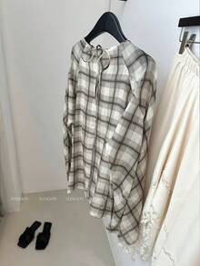 SHEIN Frenchy Women's Plaid Round Neck Raglan Sleeve Casual Loose Top,Brown And Cream,Autumn,Vintage,Everyday Korean Style Long-Sleeved Shirt For Vacation,Holiday - Multicolor - View 7