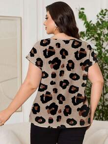 SHEIN Clasi 加大码夏季休闲豹纹收腰衬衫 - 卡其色 - 查看 3