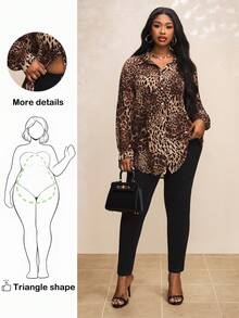 Truni Plus Size Leopard Print Single-Breasted Long Sleeve Women's Shirt, For Pear & Triangle Body Shape, For Summer - Multicolor - View 1