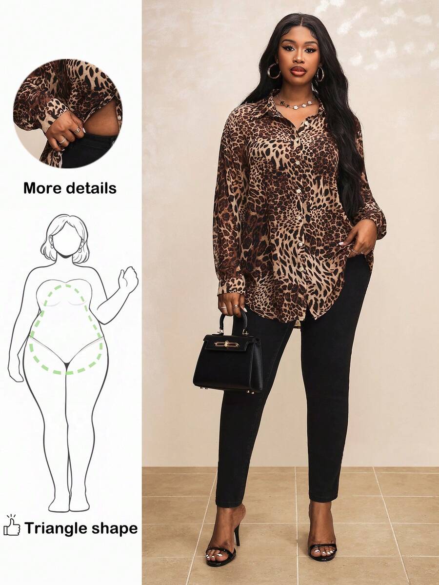 Truni Plus Size Leopard Print Single-Breasted Long Sleeve Women's Shirt, For Pear & Triangle Body Shape, For Summer - Multicolor - View 1