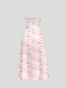 Sweetness Romantic Rose Print Ruched A-Line Dress, Elegant Sweet Sexy Summer Holiday Dress For Women ,Spring/Summer - Pink - View 2