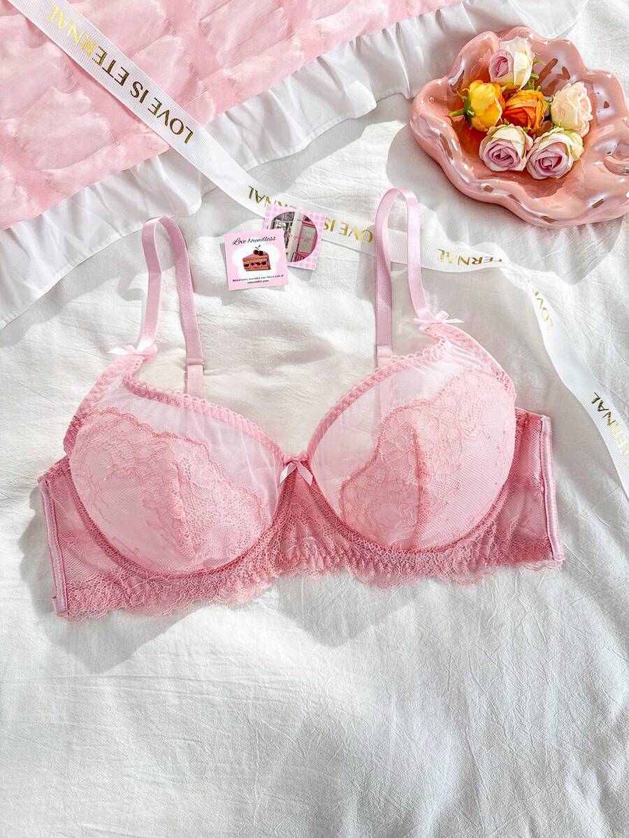 PetitDoll 大码女士蕾丝衬垫钢圈文胸,轻盈支撑文胸 - 粉色 - 查看 1