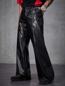 Manfinity RebelGame Men's Loose Flared Leg Pants In Brazilian Leather - Black - View 6