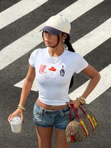 StreetHx 女士夏季露脐短袖T恤、西部牛仔靴、牛仔帽、龙舌兰酒Y2K露脐短袖白色婴儿T恤 - 白色 - 查看 7