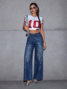 SHEIN EZwear Women's Retro Y2K Style Rhinestone Embellished Straight Leg Jeans - Dark Wash - View 6