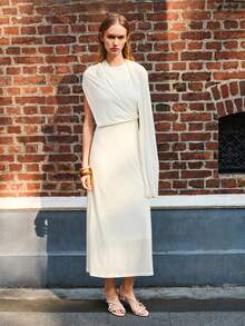 Lumivelle Women's Summer Round Neck Sleeveless Fitted Shawl Collar Knit Maxi Dress - Apricot - View 5
