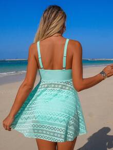 Swim Lushoire Green Lace Tummy Control Tankini Swimsuit. The Top Features A Deep V-Neck With Drawstring, The Bottom Has A Lace Hollow-Out Skirt To Conceal The Waist And Abdomen, Combining Sexiness And Modesty. Elegant And Mature Style. - Green - View 2