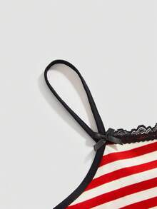 ROMWE Hippie Kamisol Renda Bergaris Bordir Kucing Hitam Ajaib Wanita - Red and White - View 4