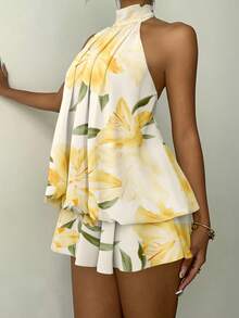 Aloruh 女士休闲露背迷你连衣裙，夏威夷花卉印花，度假连衣裙，夏季连衣裙，适合海滩穿着 - 彩色 - 查看 3