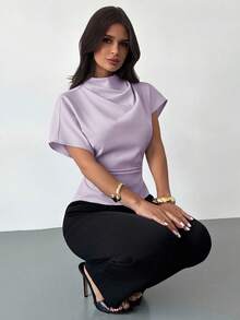 Crinkle Collar Asymmetric Sleeve Side Ruched Waist Slim Fit Apricot Bamboo Linen Fabric Blouse For Women, All Season - Violet Purple - View 2