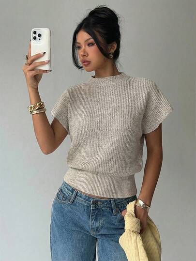 Aloruh Damtopp med vid fåll, stickad topp, enkel och avslappnad passform för pendling