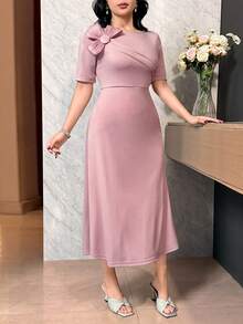 Feyla Vestido midi de mujer elegante de unicolor con manga corta y decoración floral 3D - Rosa - Ver 5