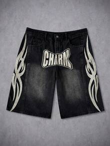 Manfinity ZONE917 男女皆宜的美式水洗黑色刺绣牛仔裤 - 黑色 - 查看 1