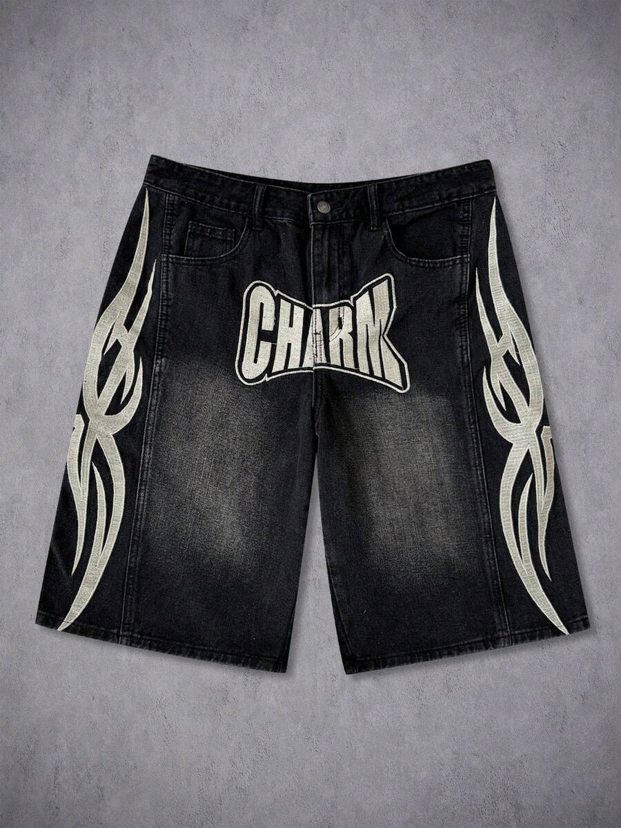 Manfinity ZONE917 男女皆宜的美式水洗黑色刺绣牛仔裤 - 黑色 - 查看 1