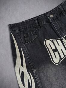 Manfinity ZONE917 男女皆宜的美式水洗黑色刺绣牛仔裤 - 黑色 - 查看 7