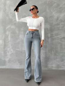EURMUSE 98%Cotton Zip Front Slant Pocket Casual Flare Jeans - Baby Blue - View 5