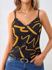 SHEIN Clasi 女士休闲百搭印花吊带背心，适合约会和派对穿着 - 橘色 - 查看 4