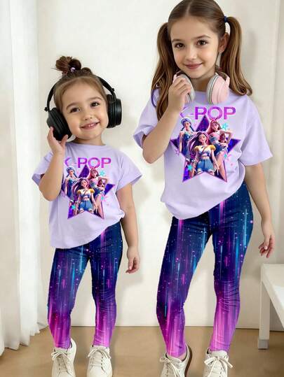 2pcs/Set Young Girls' Casual Creative Personalized Refreshing Minimalist Cute Fashionable Starry Virtual Idol Ombre Purple Gradient Graphic Letter Print Short T-Shirt And Leggings Outfit, Comfortable Daily Wear, Suitable For Spring, Summer And Autumn Kid Girl Purple Outfit Girl Purple Pants Set 2 Pc Girls Pants And Tops Kids K-Pop Outfit Girl Star Shirts