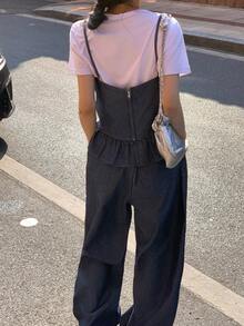 FRIFUL Women's Casual Denim Camisole Top With Ruffle Hem And Denim Pants Set, Summer Spring - Blue - View 2