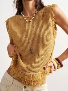 Bohemela Damen Sommer Lässig Boho Resort Musik Festival Quaste Strick Häkel Top, Sommer Top, Karneval, Strand für Frauen - Rötlich-braun - Übersicht 3