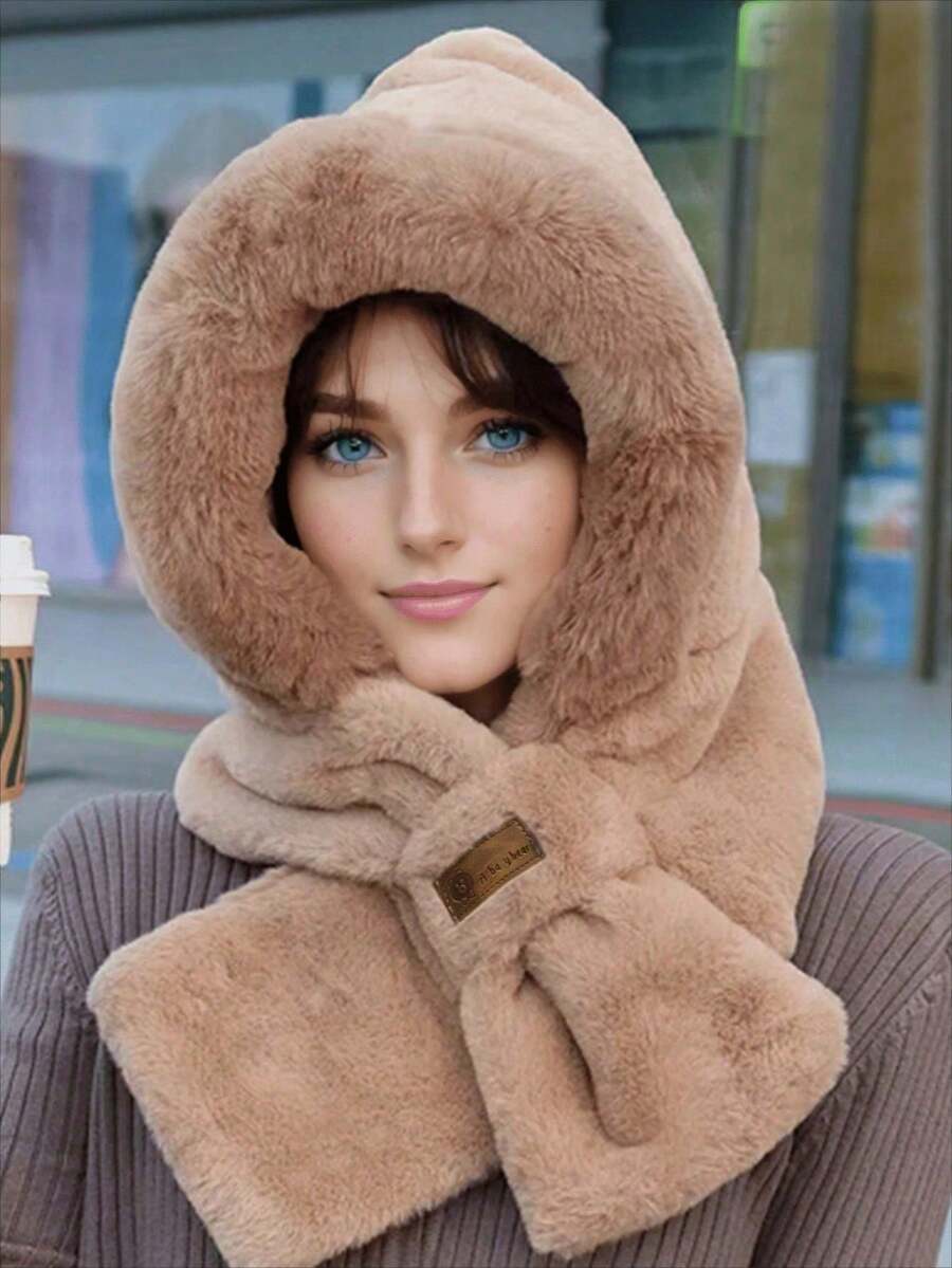 Women's Winter Warm Scarf And Knitted Hat Set, Soft And Thickened Warm Lining Earmuffs, Striped Craft Plush Knitted Hat, Foldable Design, Non-Elastic, Hand-Washable, Cross-Neckline Warm Ap, Create Fashion Styling, Winter Clothing Versatile Warm Accessories, - Multicolor - View 1