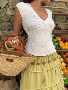 Sunnyshic Women's V-Neck Twist Hollow Out Vacation Short Sleeve Sweater - White - View 3