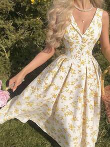 SHEIN MOD 翻领纽扣前襟收腰花卉图案中长连衣裙 - 淡黃色 - 查看 3