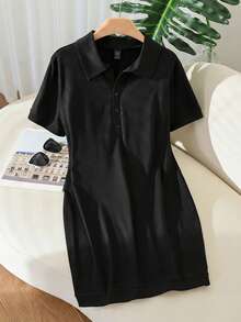 CosyJoli Plus Size Casual Black & White Contrast Color Polo Collar Bodycon Knit Dress - Black - View 3
