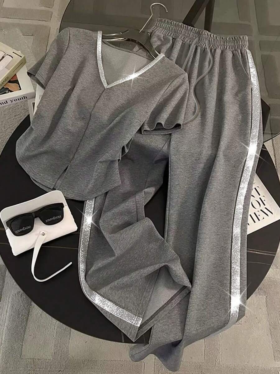 Resyla Regular Fit V-Neck Short Sleeve Top + Straight Leg Pants With Side Pockets - Grey - View 1