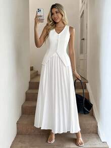 Easowa White Pleated Women's Suit Set, Vest And Pleated A-Line Skirt, Suitable For Elegant Commuting, Business Commuting, Wedding Guest Attire, Spring/Summer - White - View 1