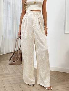 Easowa Women's Pleated Waist Zipper Front Wide Leg Pants, Crepe Satin Textured Fabric, Casual Relaxed Elegant Office/Vacation Trousers, Spring/Summer Boho Pants Wide Leg Summer Pants Cream Pants - Apricot - View 2