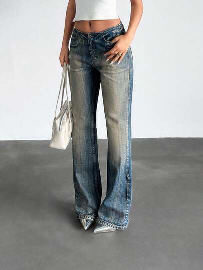 SHEIN Petite Low Waist Vintage Wash Flare Jean