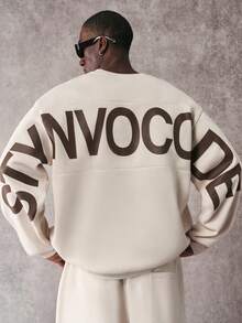 STYNVO 男士休闲时尚街头日常通勤字母印花保暖宽松圆领卫衣和阔腿运动裤套装，秋冬超大街头风 Jackpot 卫衣，男士超大街头风卫衣 - 杏色 - 查看 1