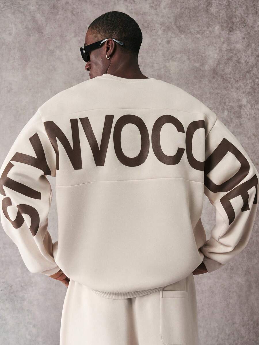 STYNVO 男士休闲时尚街头日常通勤字母印花保暖宽松圆领卫衣和阔腿运动裤套装，秋冬超大街头风 Jackpot 卫衣，男士超大街头风卫衣 - 杏色 - 查看 1