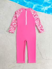 SHEIN 女婴泳衣 女婴连体泳衣 长袖长裤泳衣 可爱卡通美人鱼涤纶数码印花紫色渐变鱼鳞印花连体泳衣 女婴泳衣 - 粉色 - 查看 2