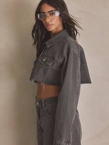 MUSERA Croppeed Washed Denim Jacket Xsummer, Sporty, Casual, Day, Streetstyle, Streetwear - Grey - View 3